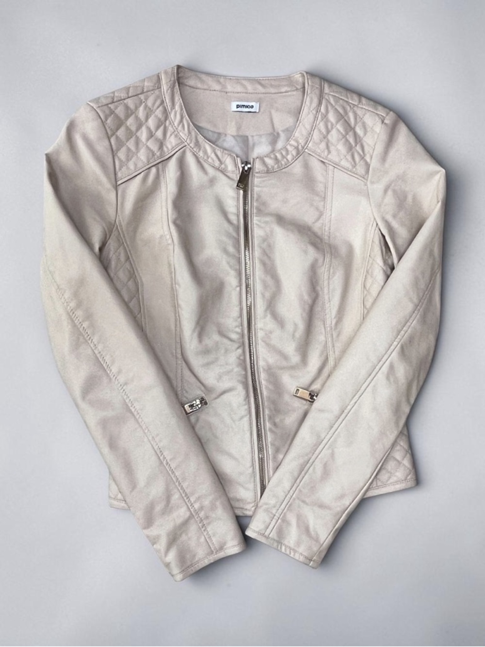 Pimkie Beige Faux Leather Collarless Biker Jacket Quilted Shoulder XS